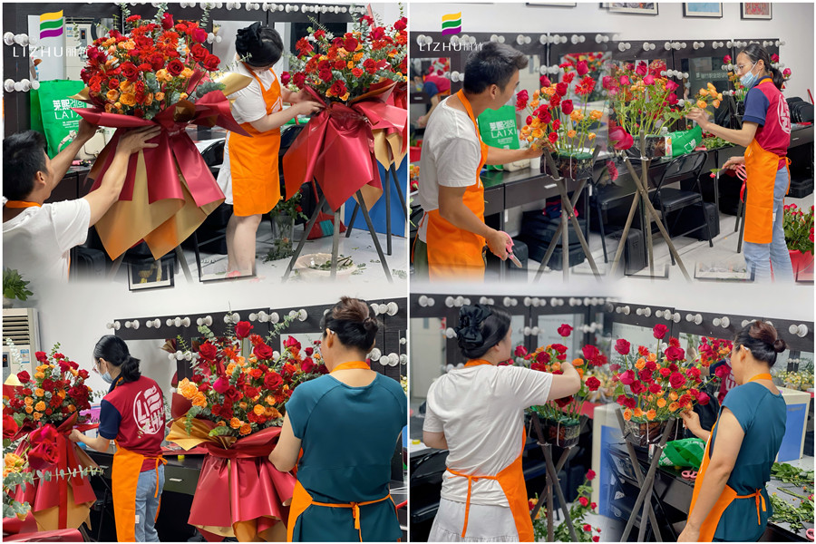 玫瑰開業(yè)花籃制作，廣西插花師學校學員作品